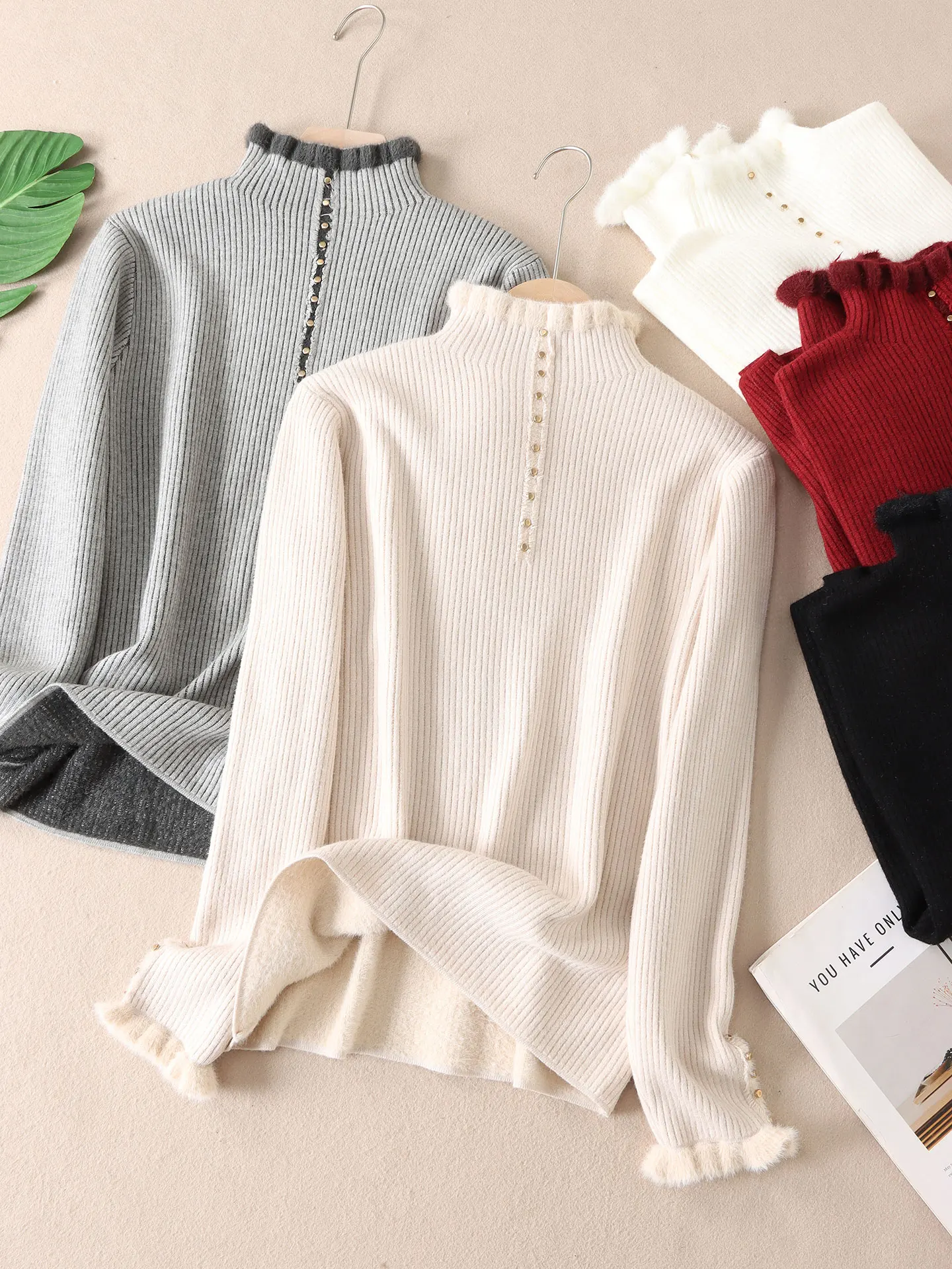 سترة تنحيف ذات ياقة عالية من الدانتيل من Thiened متكاملة للنساء شتوية من Faion Color Blo Base irt محبوكة دافئة L... #1