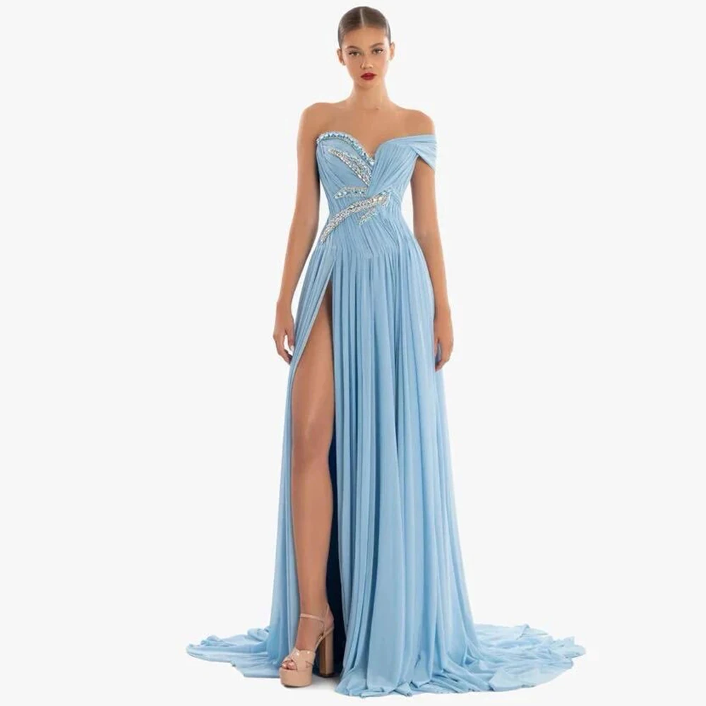 Sexy Evening Dresses Off the Shoulder Chiffon A-line Clubbing Dress Azure Rhinestone/Crystals Pleat Sweep Train Party Gown 2024