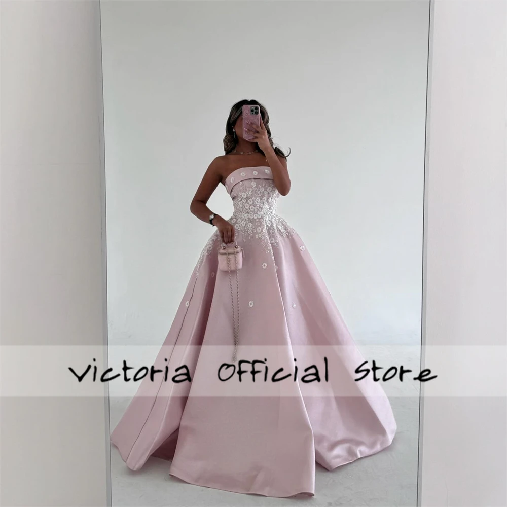 Atractivos Vestidos De Fiesta De satén apliques sin tirantes plisado sin manga hasta el suelo Vestidos De Fiesta personalizados