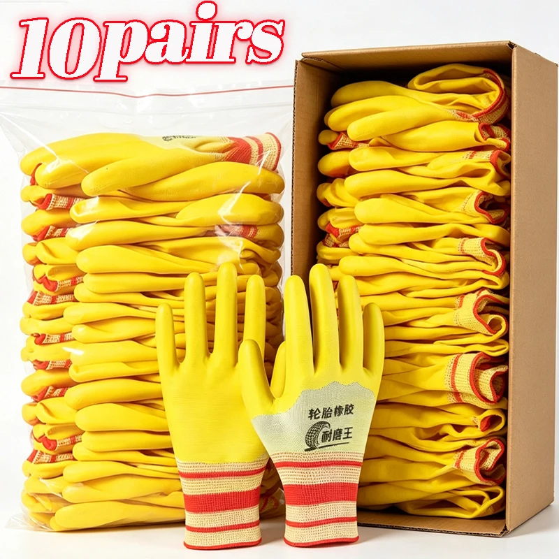 1/10Pairs Abrasion-resistant Rubber Work Gloves Waterproof Automotive Repair Handling Breathable Gloves for Men Safety Gloves