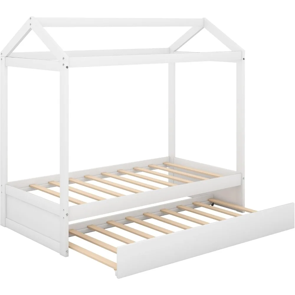 Cama de casa dupla Bellemave com rodízio, cama de casa Montessori com design de telhado, estrutura de sofá de madeira para crianças, meninos, meninas, wo resistente