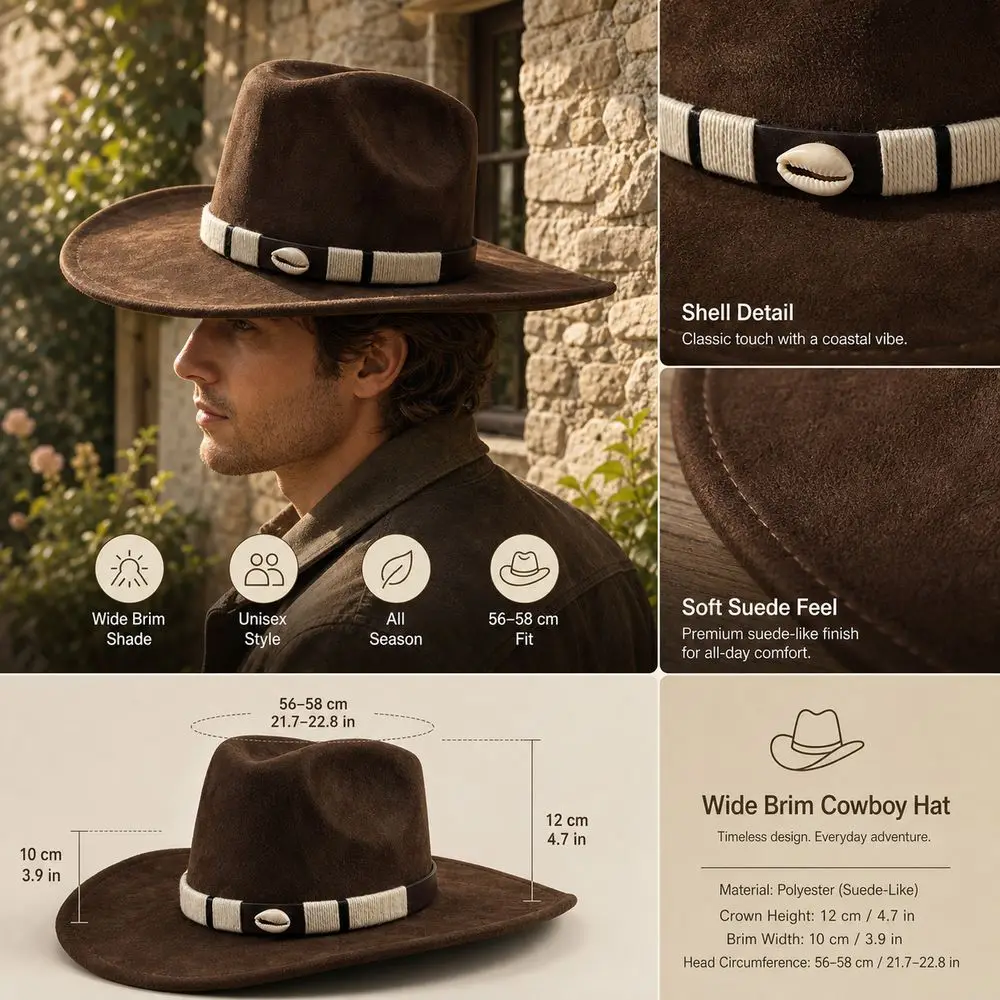 Unisex Wide Brim Cowboy Hat Striped Buckle Band Felt Construction Western Fedora Hat Small Woolen Top Polyester Rancher Hat