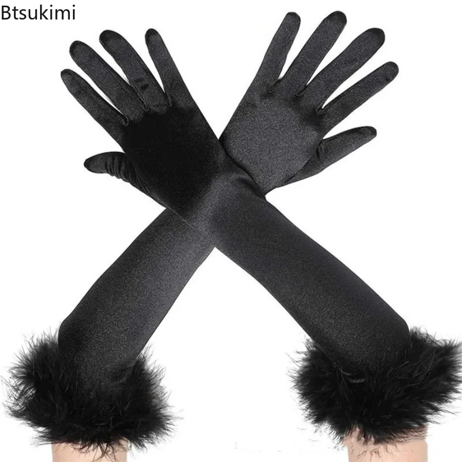 Women Feather Velvet Warm Long Gloves Elegant Etiquette Black Elasticity Retro Style Satin Glove Banquet Party Dress Accessories
