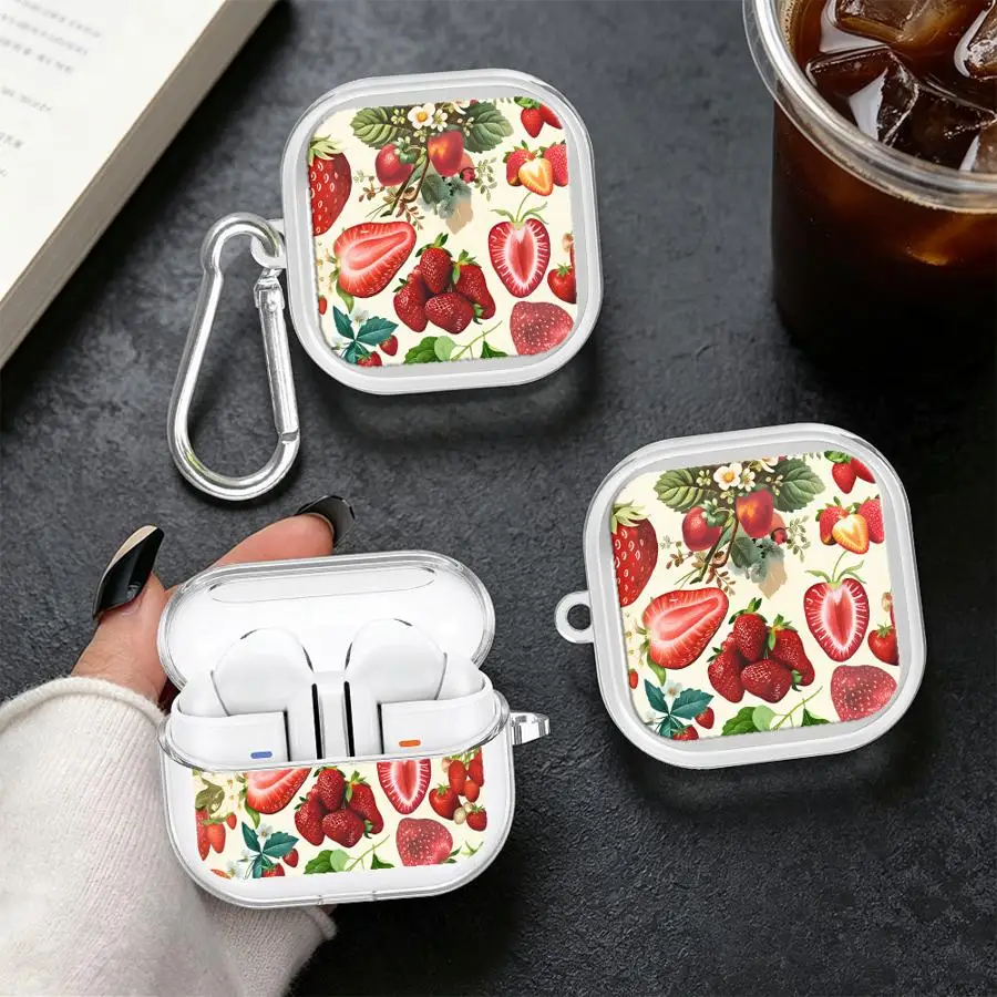 Red Strawberry Print Clear Earphone Cases Cover With Hook Case For Samsung Galaxy Buds 3Pro 2 4 Pro 4Pro 3 FE 2Pro Live