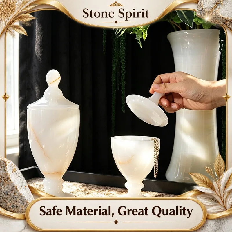 Natural Jade Storage Jar, Hand-Carved Stone Canister for Tea Leaves, Living Room Office Desk Decor, Elegant Home Hotel Ornament