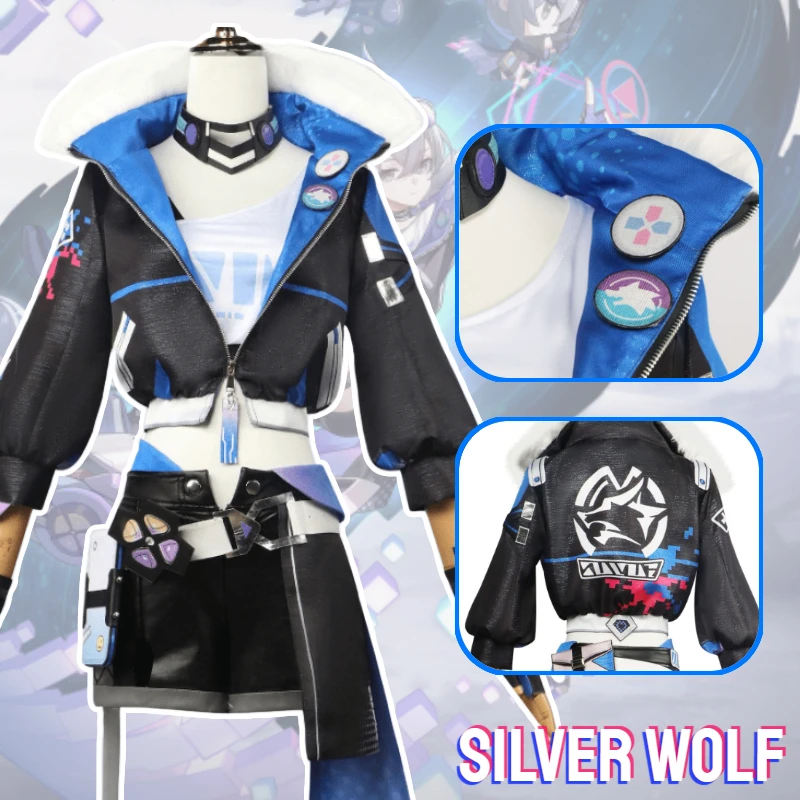 

Silver Wolf Cosplay Costume Game Honkai Star Rail Silver Wolf Cosplay Glasses Earring Stellaron Hunters HackerWig and Shoes