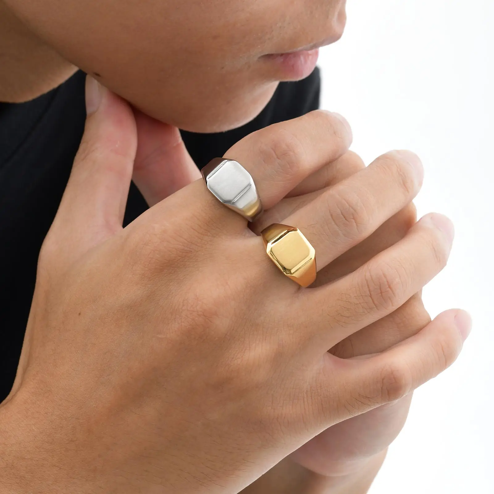 Bague chevalière carrée en acier inoxydable pour hommes, bague épaisse hautement polie de couleur or argent, bague de pouce de bijoux de déclaration simples
