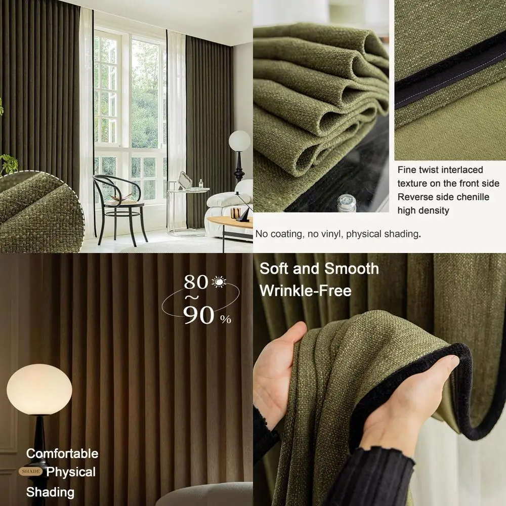 Faux Linen Textured Blackout Curtains, 1 Panel Farmhouse Style Window Drapes for Living Room and Bedroom, Natural Green Tones