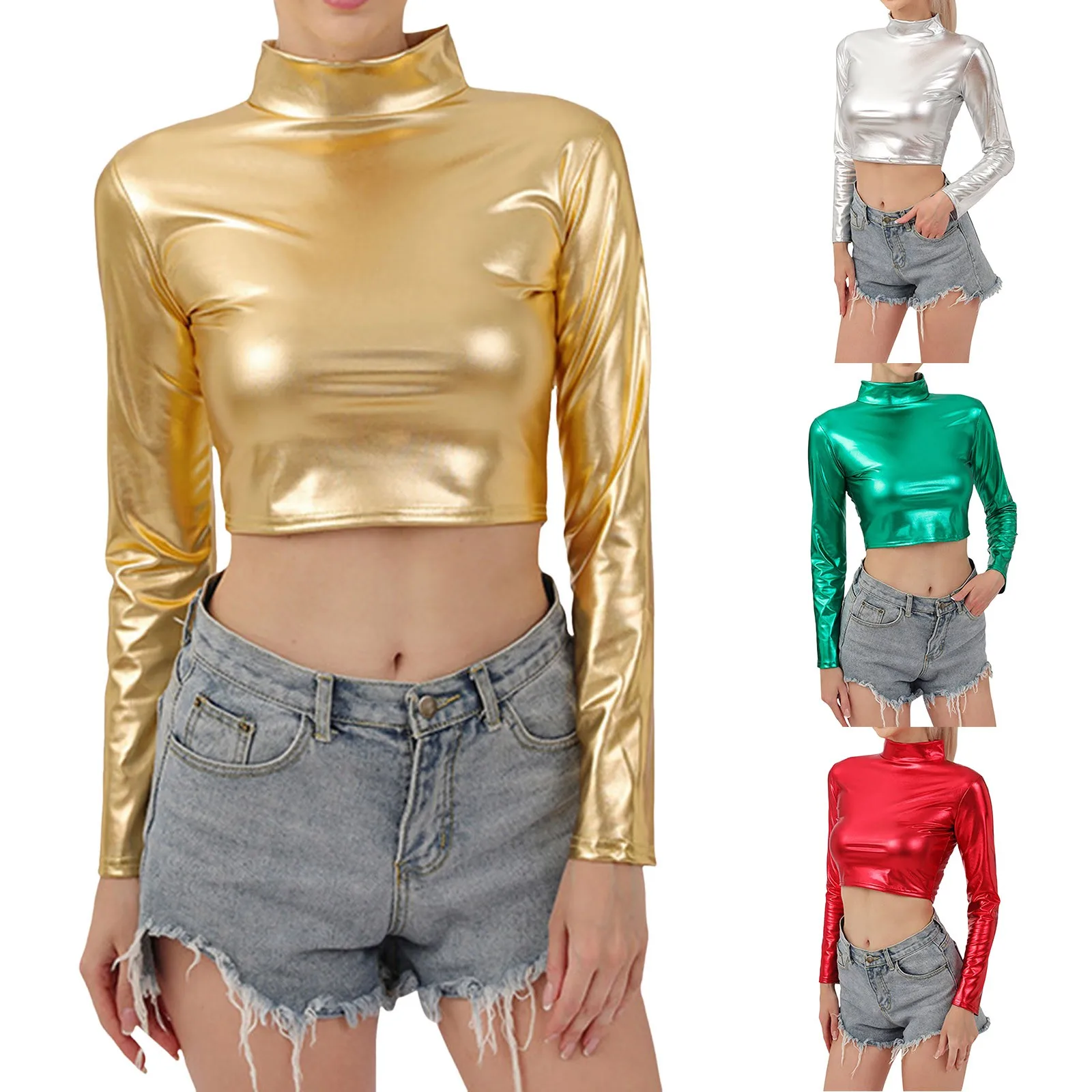 Metallic Shiny Long Sleeve T-Shirt Women Y2K Basic Tees Fashion Turtleneck Crop Tops Clubwear Sexy Skinny T Shirts Streetwear