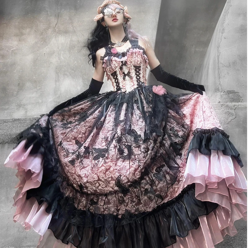 

Sheepflower Lolita Evening Gown Floral Lace Pink Black Ball Gown Corset Tulle Skirt For Party Graduation Sweet 16 Women Girls