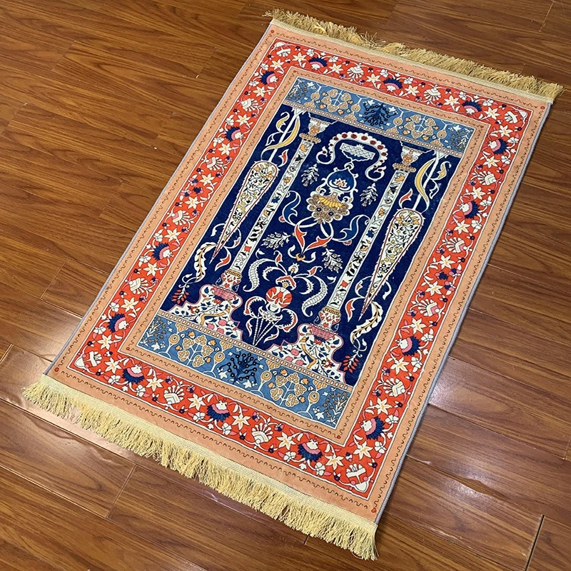 Middle Eastern Muslim Area Carpet With Tassels Persian Geometric Decor Pilgrimage Prayer Floor Mat Portable Non Slip Folding Rug