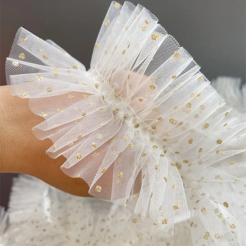 2meter/lot 9cm wide Middle Pleated Elastic White Tulle Gold Polka Dot Super Beautiful Mesh Ruffle Lace Accessories Sc532