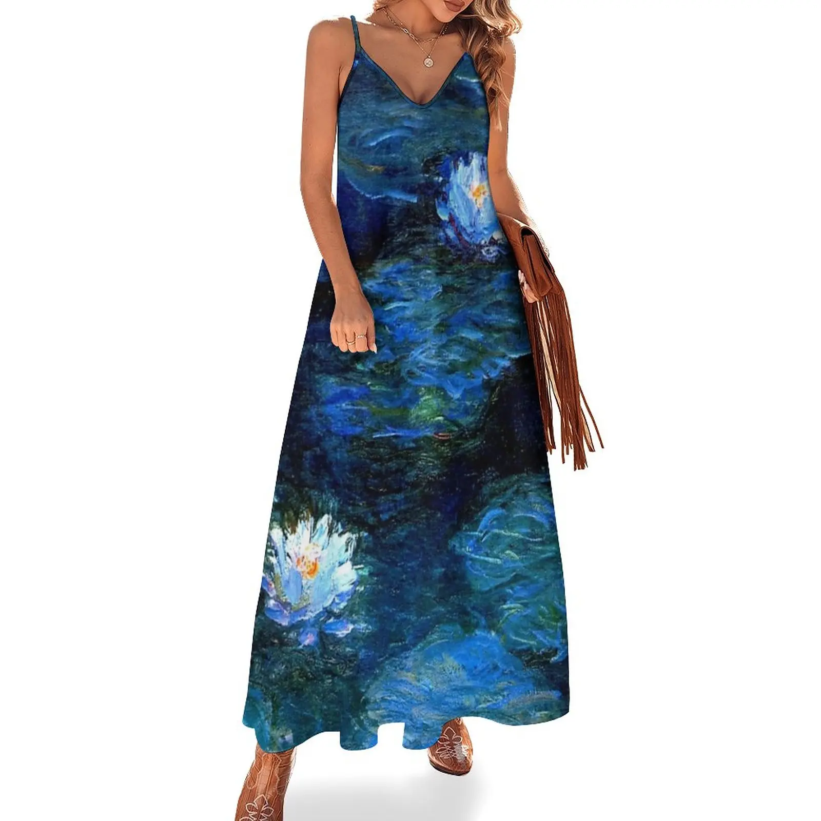 

Water Lilies Monet deep blue Sleeveless Dress luxury evening dress woman for wedding Dress women dress women summer Elegant gown