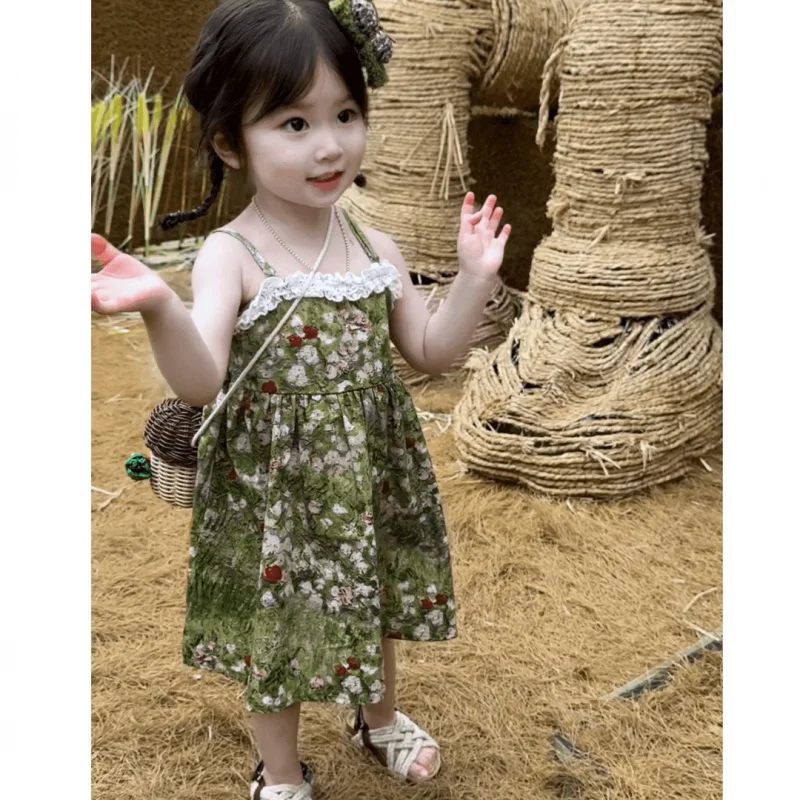 XH-Girls' Dress2024Summer New Floral Full Printed Little Girl Fashionable Princess Dress Simple Camisole Dress