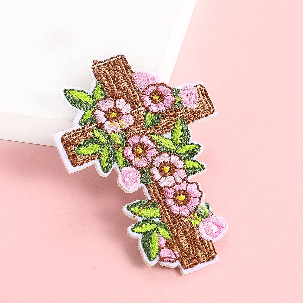 2PCS Flower Cross Embroidered Patches Iron on Clothing Sewing Supplies Fabric Badge Religious Applique Jeans Patchwork Stickers