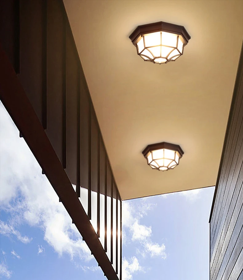 Rustic Frosted Glass Shade Outdoor Ceiling Lights Yard Balcony Garden Flush Ceiling Lamp Europe Style Exterior IP65
