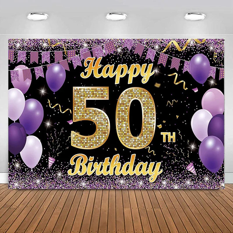 Happy 50th Birthday Decorations Backdrop Banner Gold Purple Party Photo Decor Supplies for Women men Photography Background