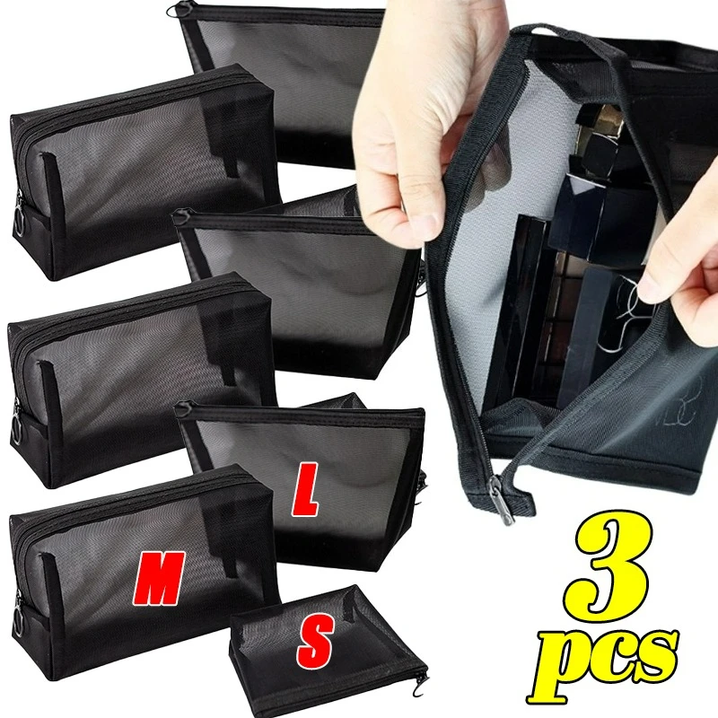 3pcs Black Mesh Makeup Bag Small Large Organizer Set Cosmetic Pouch with Zipper Breathable Suitable for Travel Storage Pouch