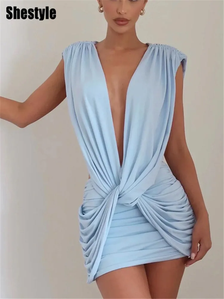 

Shestyle Hollow Out Deep V Neck Dress Women Sheath Ruched Folds Sleeveless Blue Cross Tank Knot Sexy Clubwear Leisure Feature