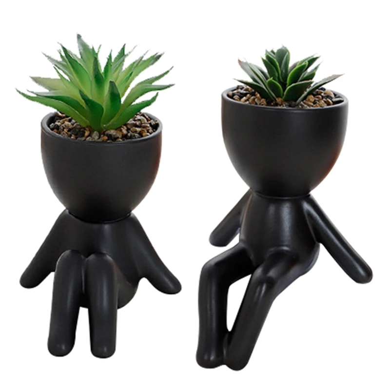 2PCS Artificial Succulents Cute Faux Succulents In Black Human Shaped Pots Office Desk Decor