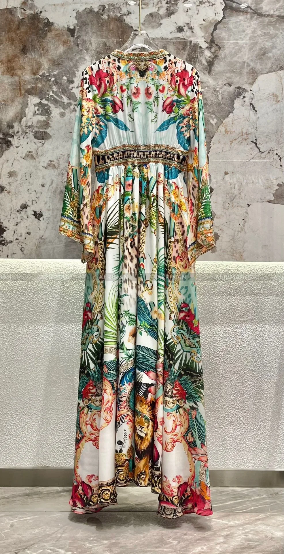 2024 New V Neck Retro Animal and Flower Print Heavy Beaded Flare Sleeve Women 100% Silk Maxi Dress