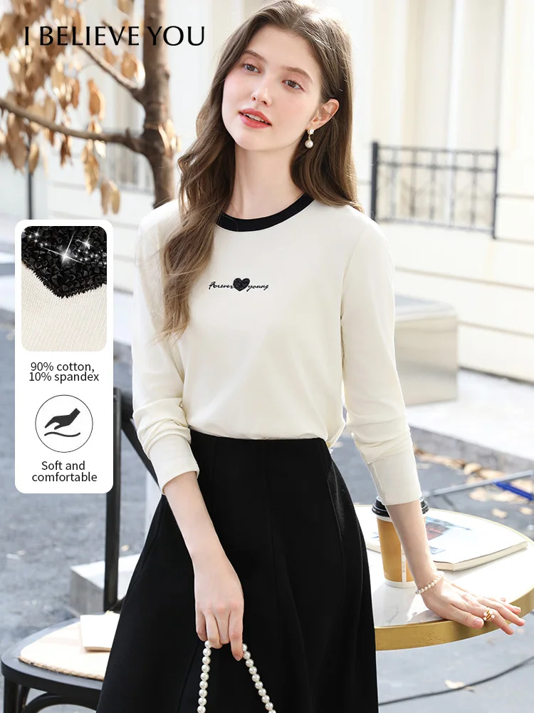 I BELIEVE YOU Donna Top in maglia albicocca 2025 Moda autunno Nuovo cuore ricamato T-shirt a maniche lunghe in cotone Casual Top 2253016148