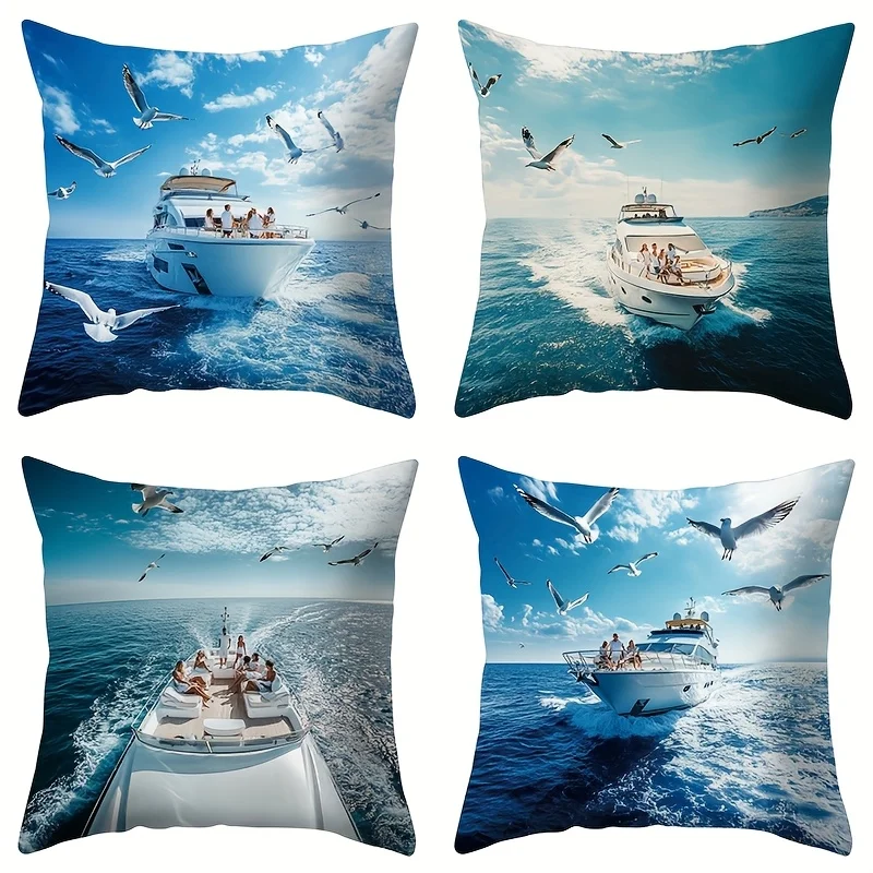 Yacht and Seagull Design Single-sided printing Short plush Suitable for living rooms bedrooms sofas (excluding pillow cores)