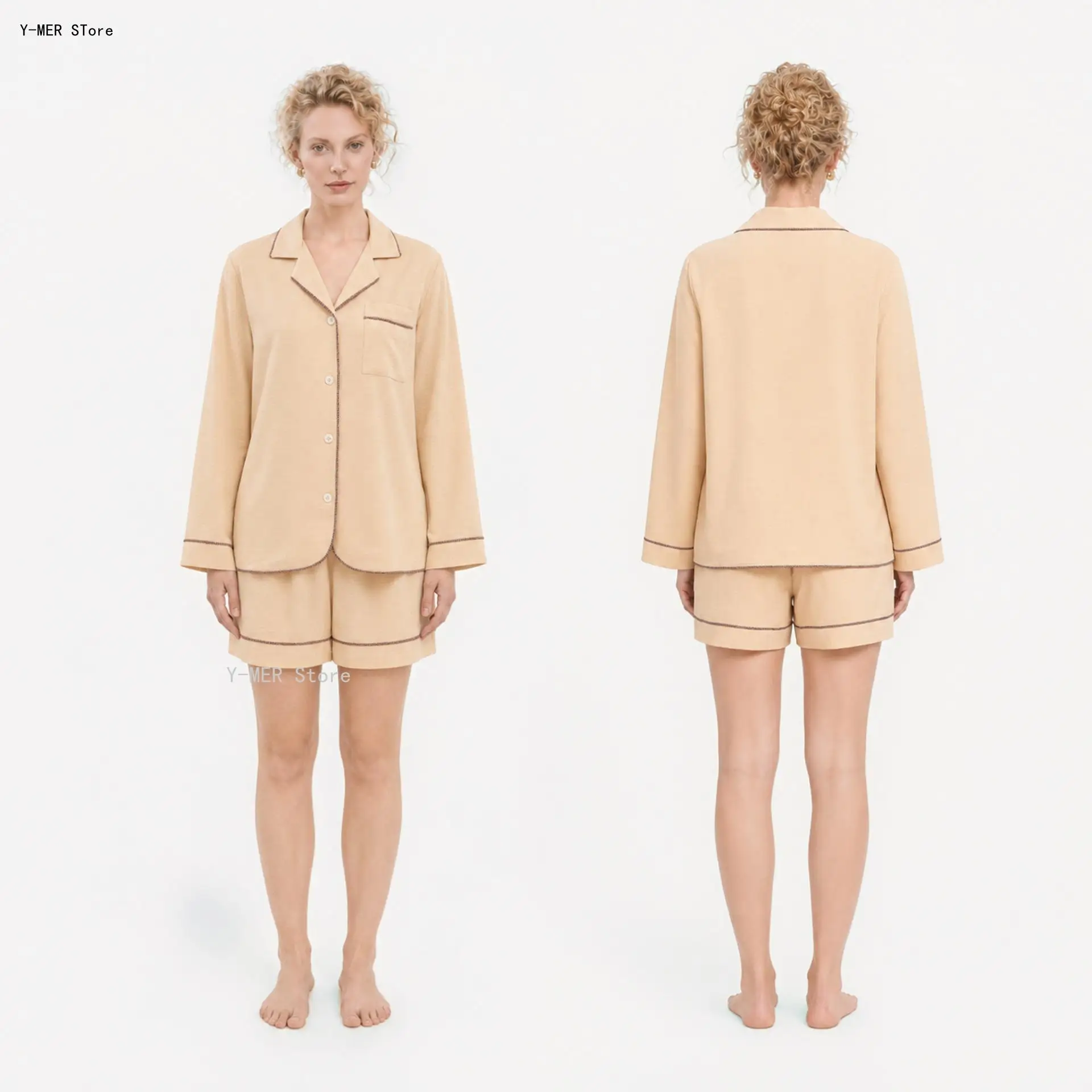 Women Bubble Wrinkle Solid Color 2Pcs Pajama Set Lapel Long Sleeve Top & Shorts Simple Basic Casual Outwear Home Loungewear