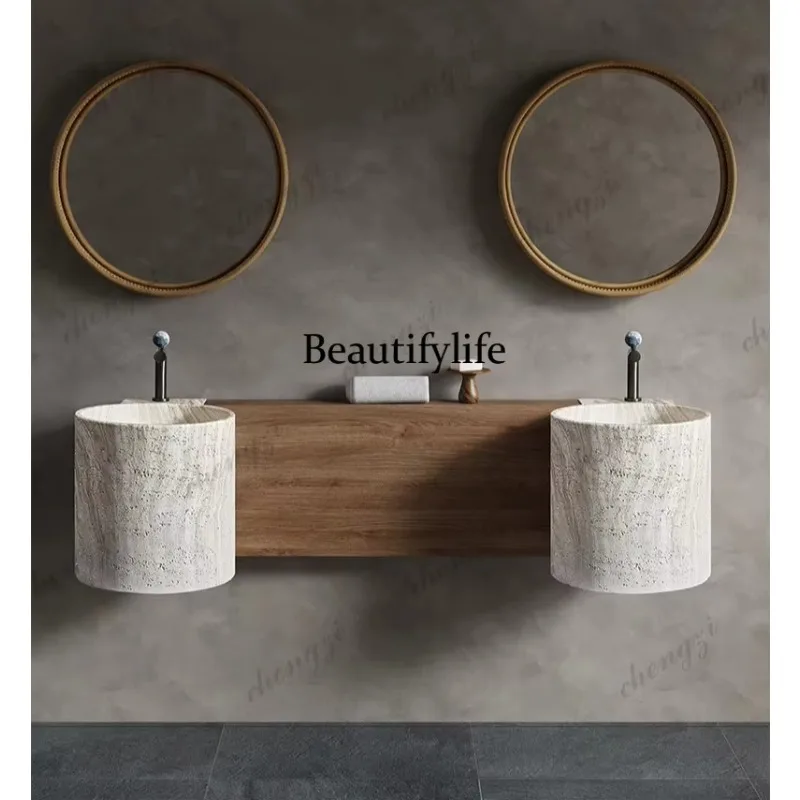 K153  wabi-sabi style beige travertine hanging wall-mounted hand wash basin B & B hotel bathroom bathroom wash basin