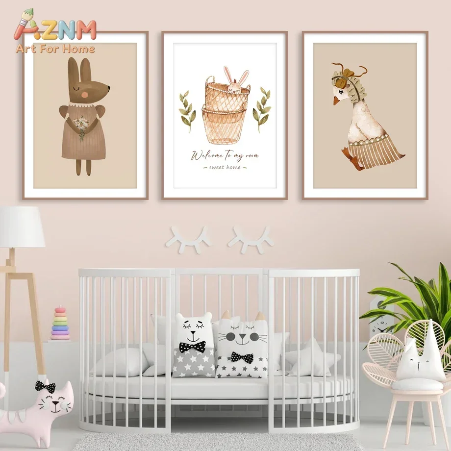 AZNM Frameless Canvas Poster Watercolor Vintage Rabbit Goose Print, Welcome To My Room Quote Neutral Animal Wall Art Picture for