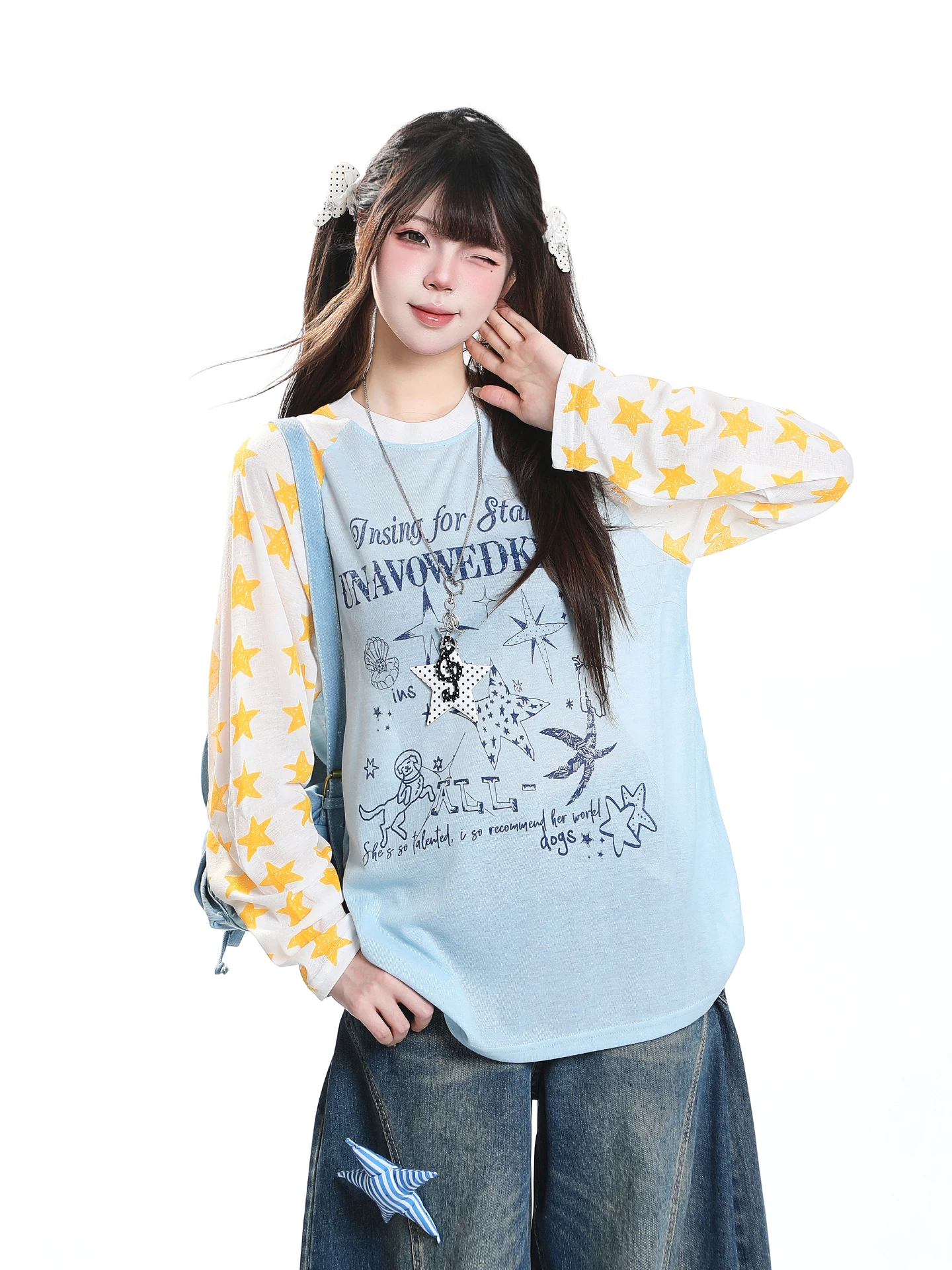 Retro American Long Sleeve T-Shirt Women's Summer Shoulder Sleeve Insert Loose Casual Lazy Style Sun Protection Cover up