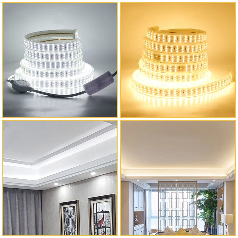 220V LED Light Strip With ON/OFF Switch 10M 276LEDs/m Waterproof Flexible Ribbon Rope Three Row High Brightness Tape Diode Lamp