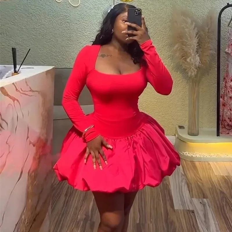 

Новое женское платье осени 2024, темпераментное однотонное платье с квадратным вырезом и длинными рукавами, облегающее платье с цветочным бутоном и короткой юбкой