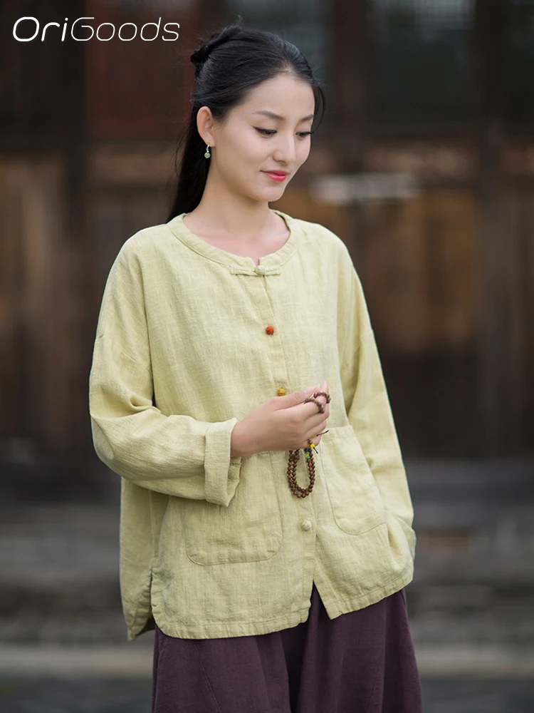 

OriGoods Long Sleeve Shirt Woman Autumn Blouse Ramie Cotton Chinese Style Clothes Woman Vintage Zen Style Shirt Coat Tops B335