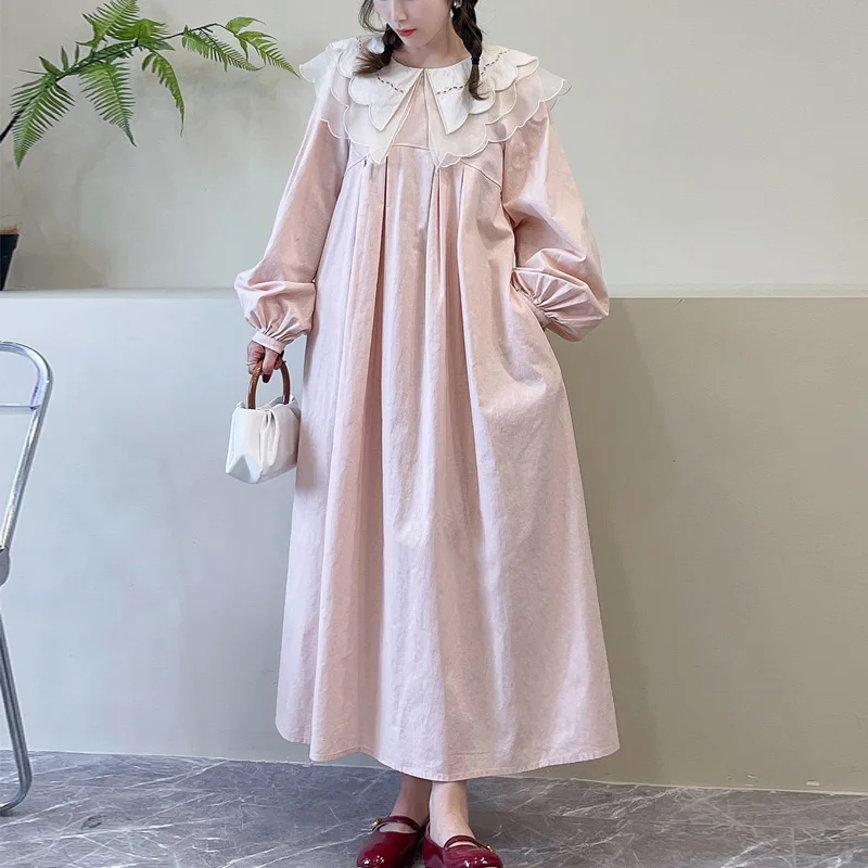 

Japanese Sweet Mori Girl Peter Pan Collar Patchwork Long Dress Women Spring Autumn Solid Color Long Sleeve Casual Loose Dresses