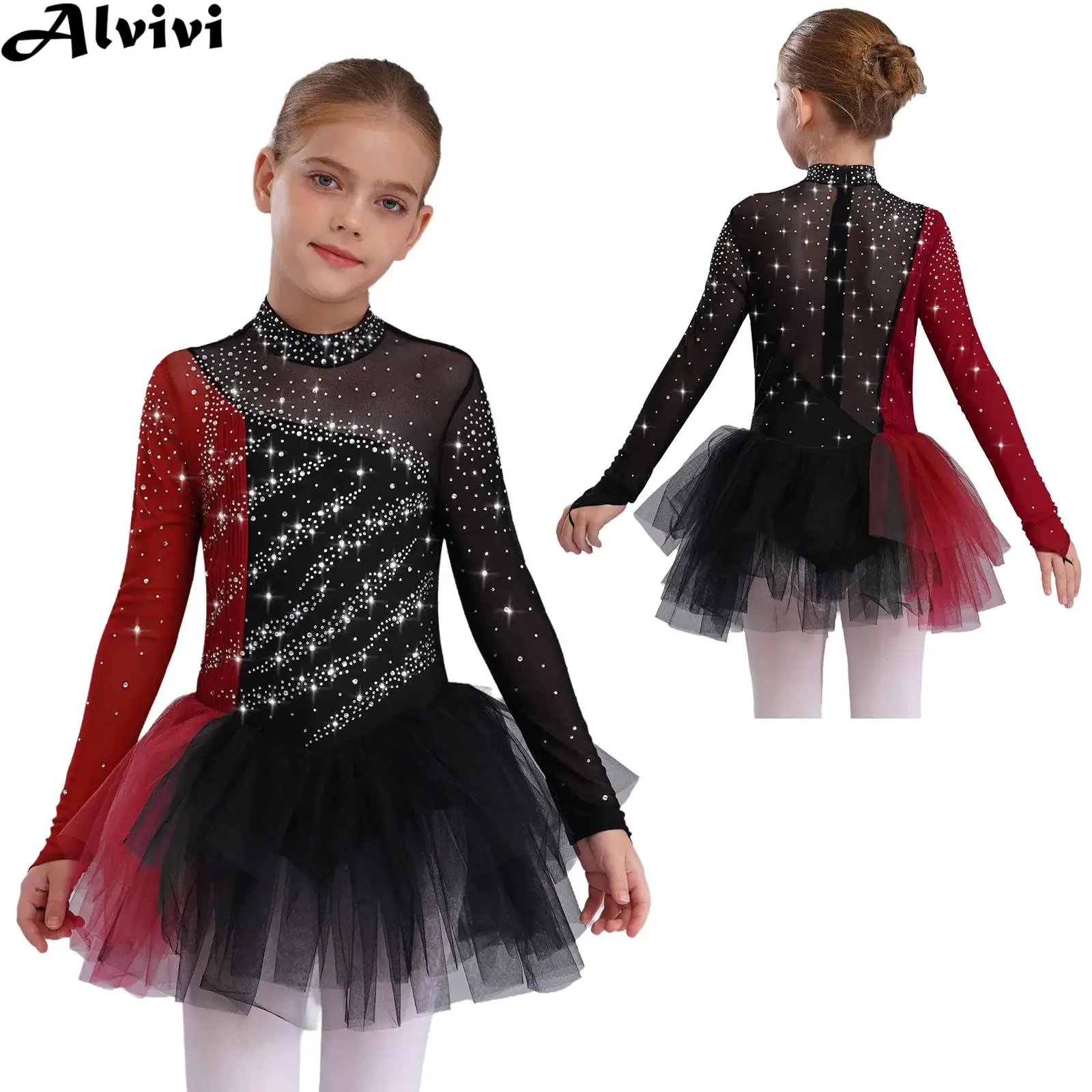 

Children Girls Long Sleeve Rhinestones Sheer Mesh Figure Skating Leotard Dress Ballet Dance Tutu Gymnastics Acrobatics Costume