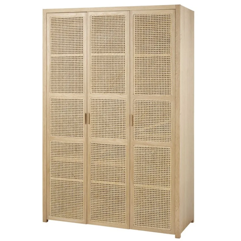 

Nordic solid wood rattan three-door wardrobe, American log color rattan art storage bedroom locker