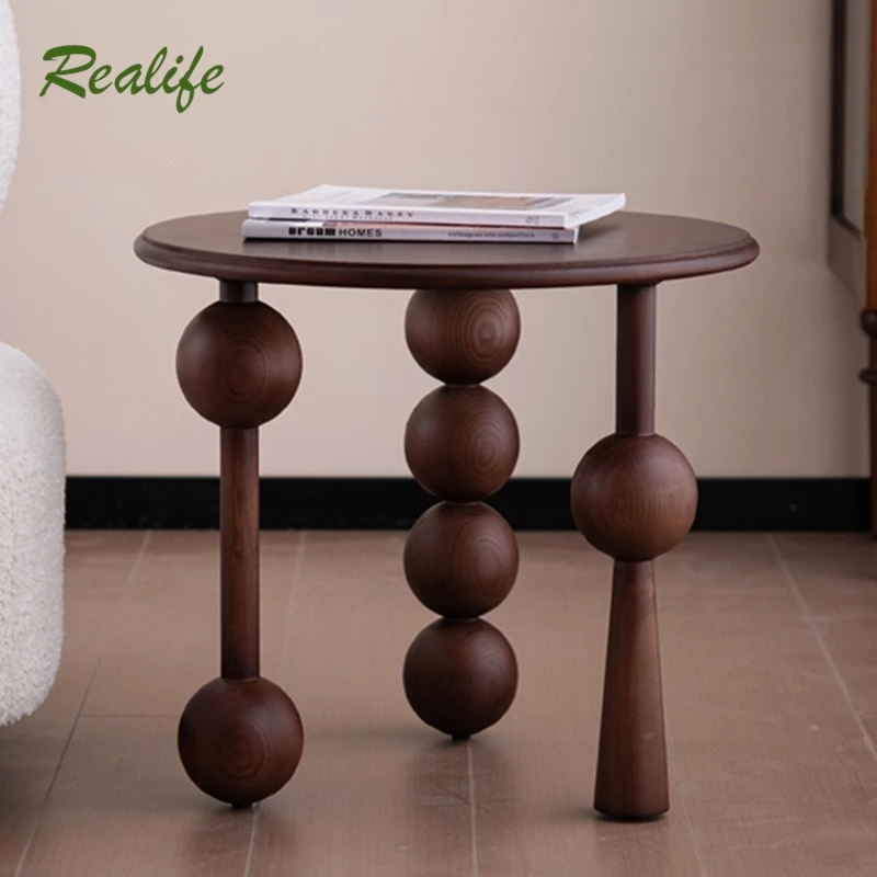 

Middle Aged Edge Table Solid Wood Small Round Table Tea Table French Retro Home Living Room Corner Table Creative Edge Table New