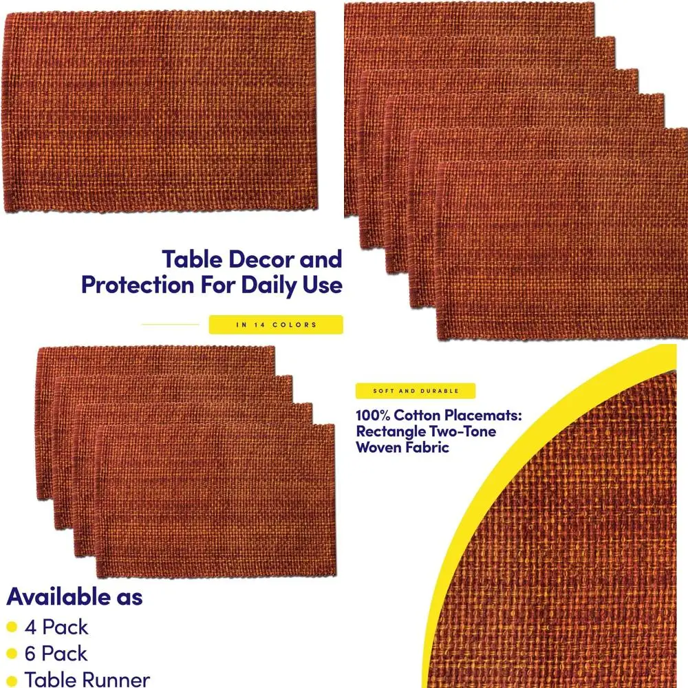 

Set of 6 Rust-Colored 13x19 Cotton Woven Rectangular Placemats, Two-Tone Durable Table Mats for Dining