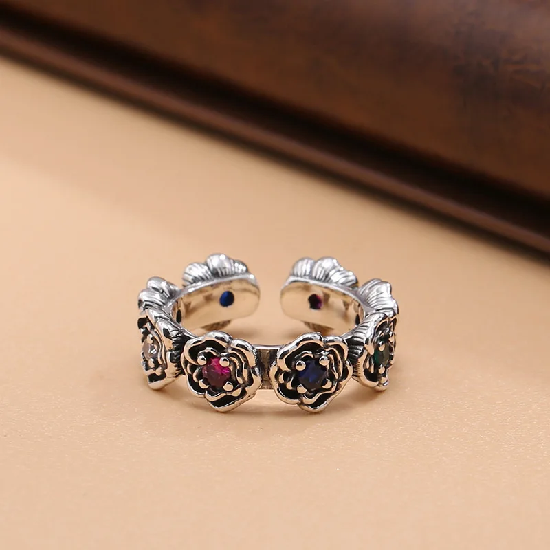 Original s925 Sterling Silber Rose Ring für Frauen Retro Distressed Zeigefinger Ring personal isierte offene Einstell ring