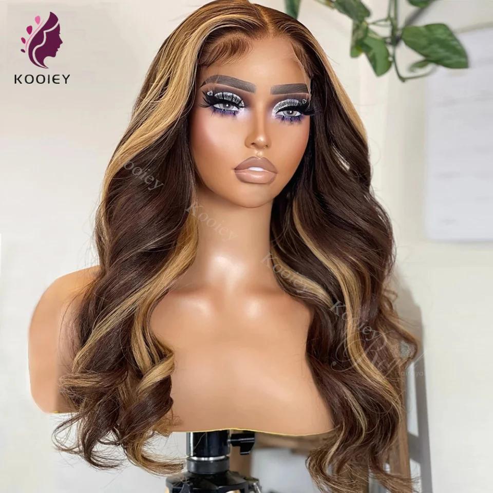 Honey Blonde Brown Highligh 5x5 Silk Top Human Hair Wig Brazilian Body Wave Ombre 13x4 Lace Front Human Hair HD Transparent Wigs