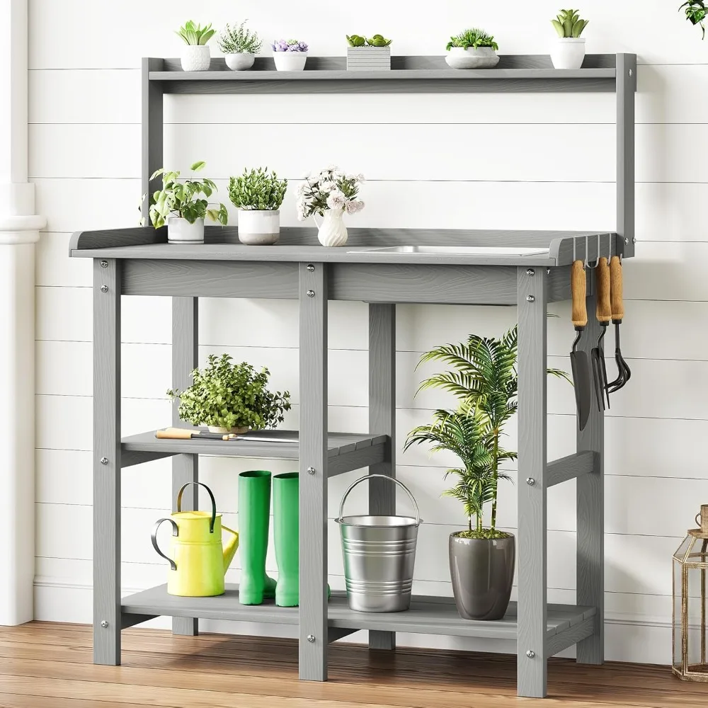 

Potting Bench, Outdoor Potting Bench Table with Removable Sink, HDPS Potting Benches for Outside, Garden Table with Storage Shel