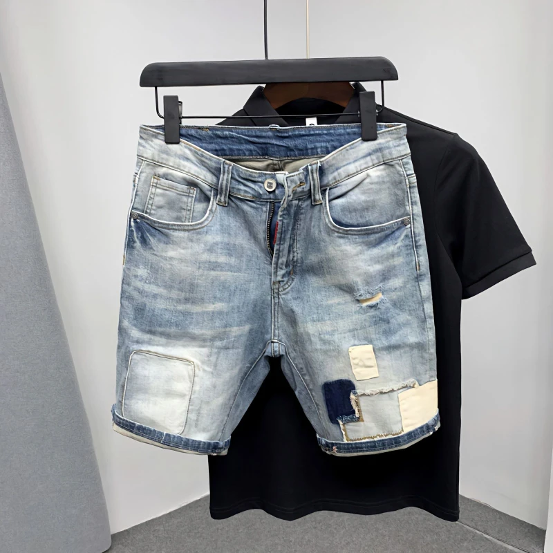 Straight Male Denim Shorts Ripped Jorts Distressed Retro Baggy Men\'s Short Jeans Pants Fitted Designer Y2k With Vintage Xl