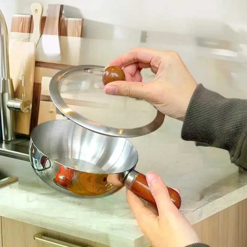 Tigela de aço inoxidável para uma pessoa com alça de madeira de nogueira para salada de frutas, utensílios de cozinha para restaurante