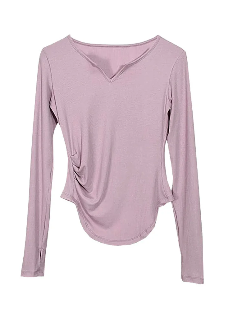 الصلبة اللون الخامس الرقبة طويلة الأكمام سليم صالح الأعلى Ruched غير النظامية هيم أداء الرقص الحديث ارتداء مرحلة الباليه ممارسة قميص