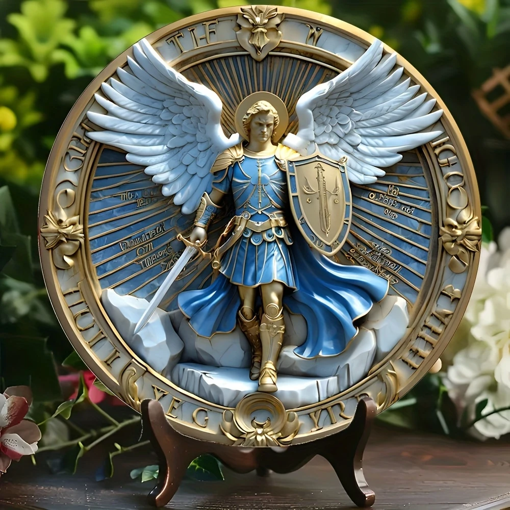 Archangel Michael Guardian Round Wooden Decorative Wall Art Classic Home Cafe Restaurant Garage Wall Ornament 8 Inch