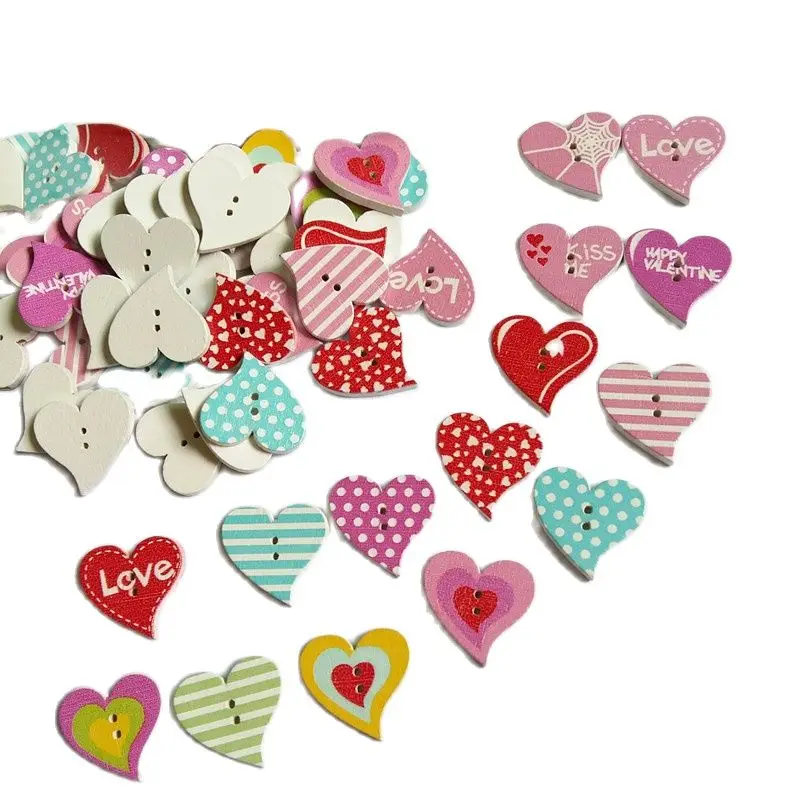 50PCs Red Heart Pattern Decorative Buttons 2-Hole Sewing Scrapbooking Craft  Mixed Wooden Buttons