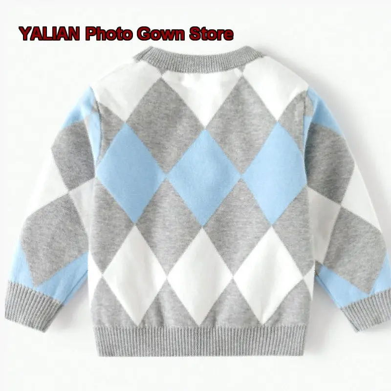 Boys European American Style Double-Layer Cotton Pullover Autumn Winter Diamond Pattern Warm Top Kids