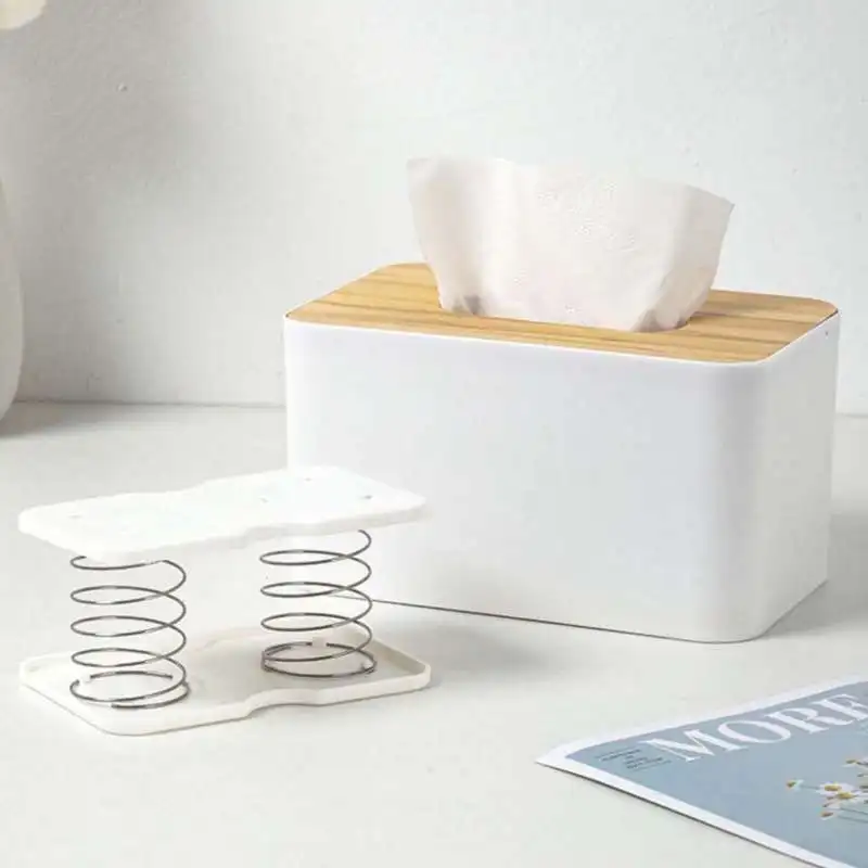Tissue Boxes with Wooden Lid Napkin Holder Spring Automatic Lift for Tissue Box Wet Tissue Paper Dispenser Car Organizer Napkin