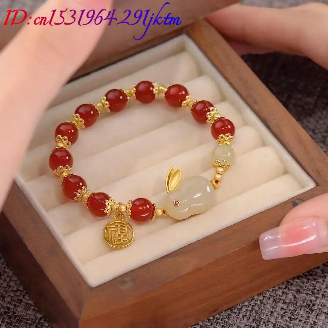 Real Jade Rabbit Bracelet Gifts for Women Gemstone Designer Fashion Agate Amulet Carved Natural Jewelry Vintage Accessories